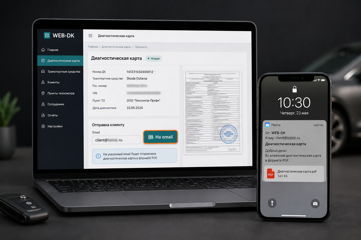 WEB-DK отправляет PDF диагностической карты клиенту на email